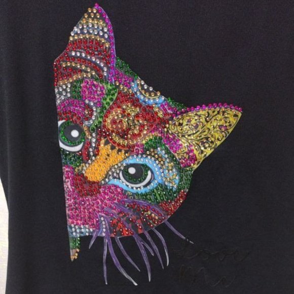 CAT LOVER Rhinestone plus size, Bling Tee, Exclusive. Handmade. BLACK - Picture 4 of 5